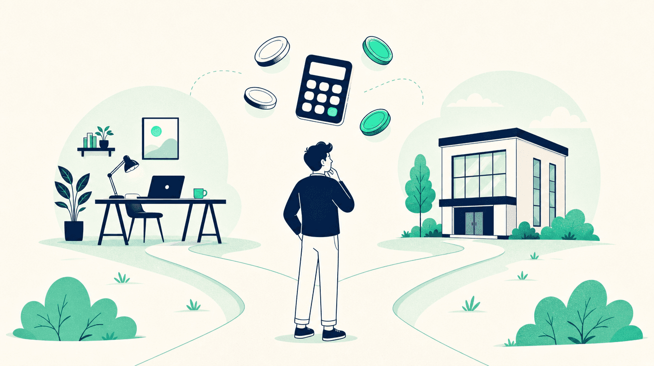 Illustratie: een freelancer kiest tussen een eenmanszaak (bureau met laptop) en een vennootschap (kantoorgebouw).