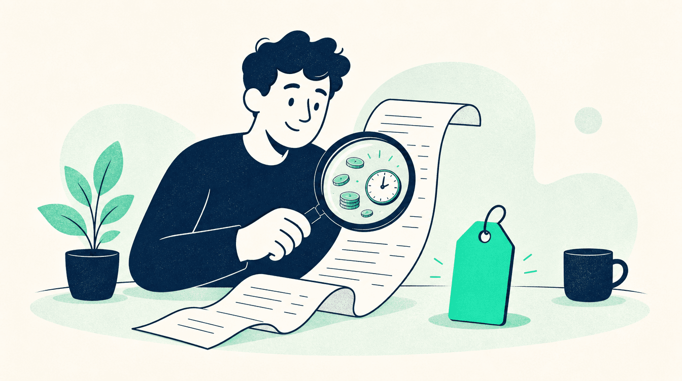 Illustratie: een freelancer bekijkt met een vergrootglas de verborgen kosten op een lange factuur van een boekhouder.